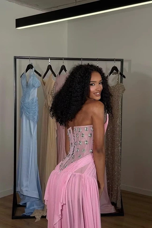 Glamorous Pink Strapless Sleeveless Chiffon Wedding dresses Gem Pleats With Lace-Up Back