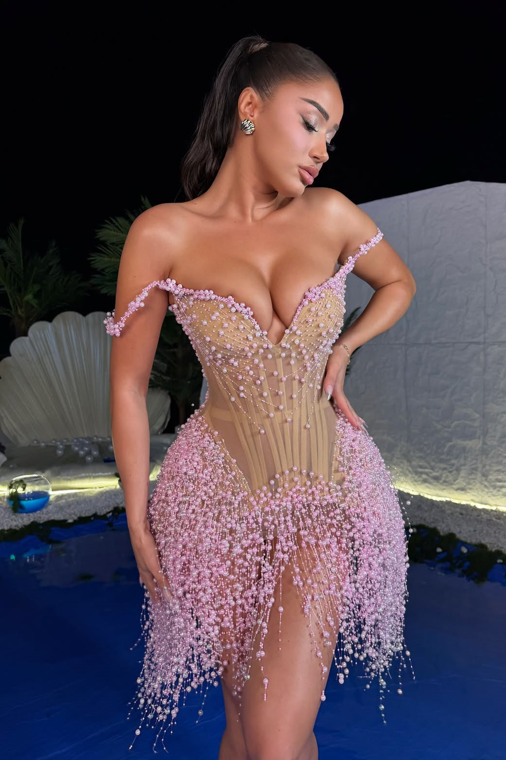 Pretty Pink Off The Shoulder Mini Homecoming Dresses Beads Pearls With Lace-Up Back