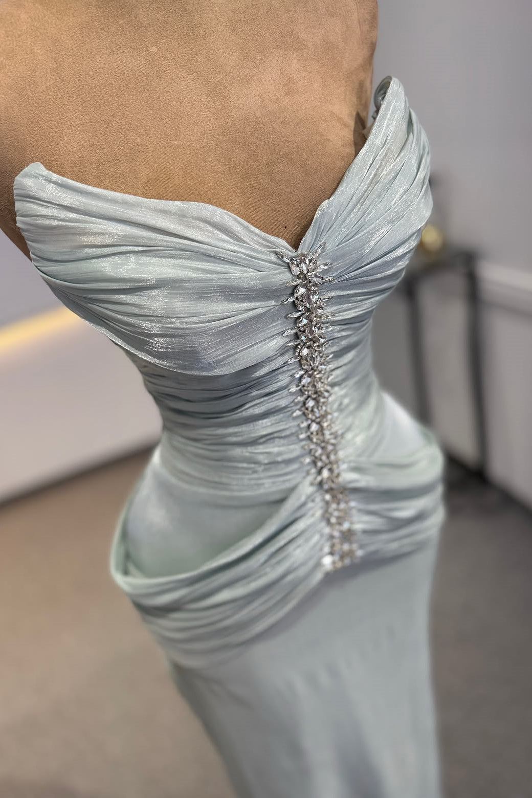 Luxurious Dusty Blue Sweetheart Strapless Sleeveless Mermaid Wedding dresses Floor Length With Pleats