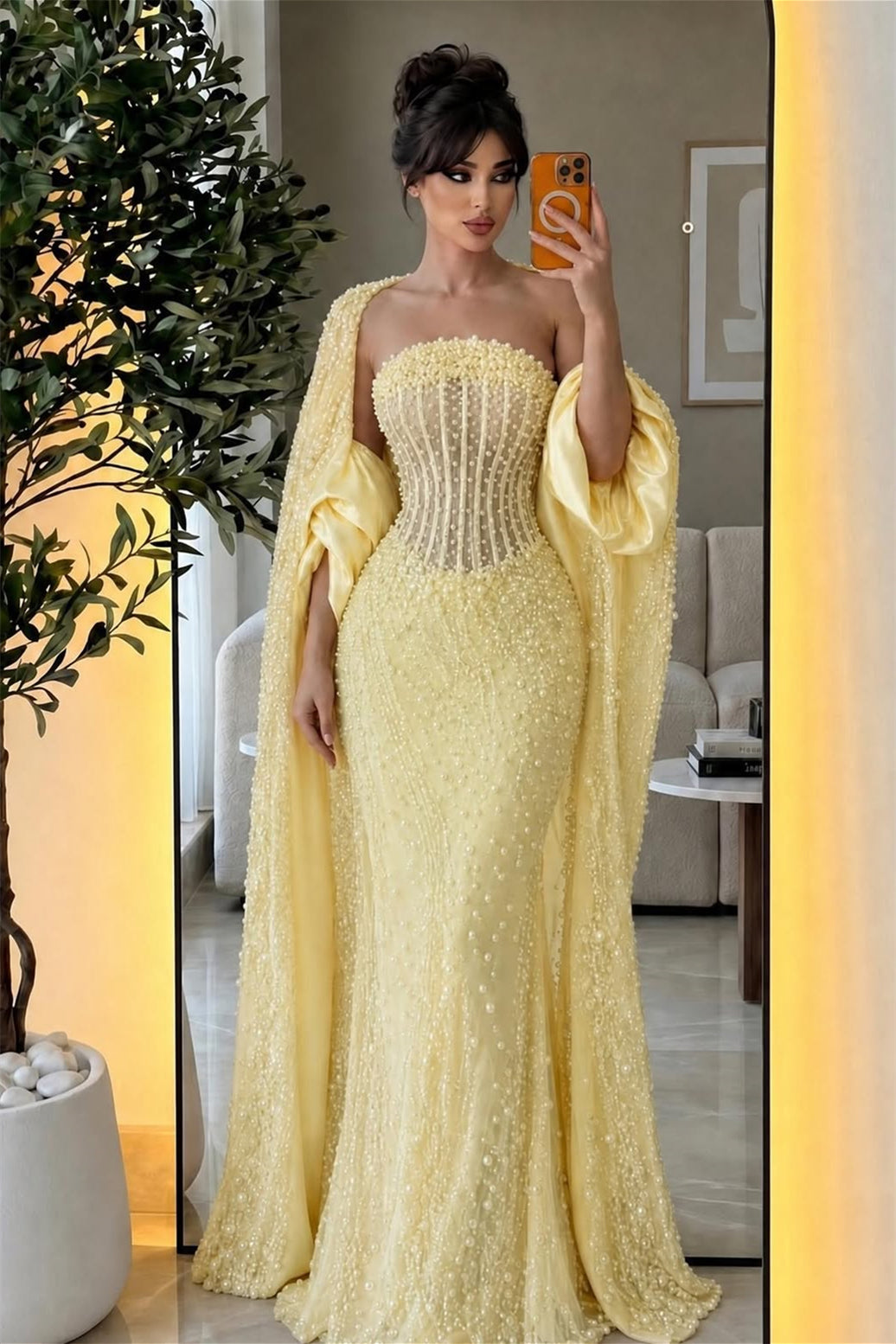 Luxurious Daffodil Strapless Sleeveless Mermaid Wedding dresses Pearls Column With Wrap