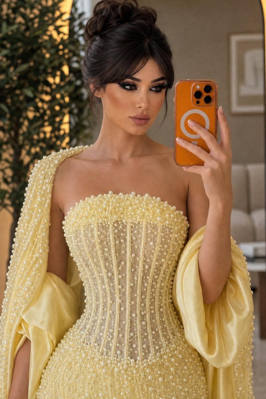Luxurious Daffodil Strapless Sleeveless Mermaid Wedding dresses Pearls Column With Wrap