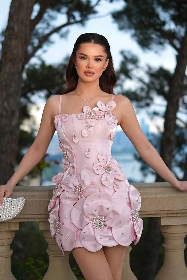 Glamorous Pink Spaghetti-Straps Sleeveless Mini Satin Homecoming Dresses Pearls With Lace-Up Back