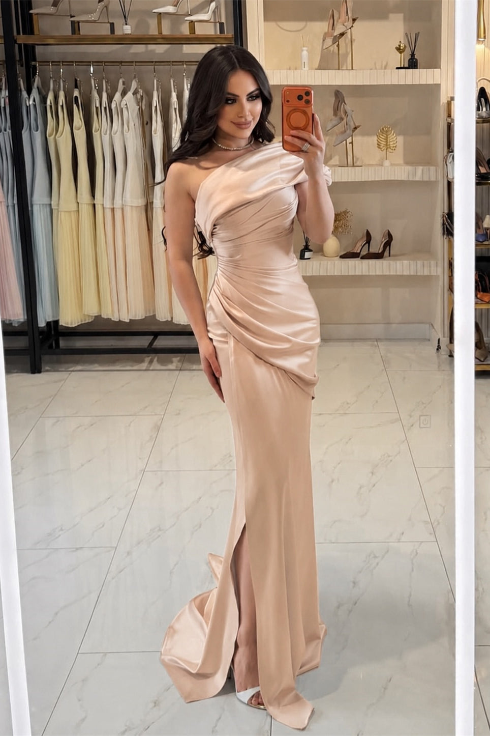 Romantic One Shoulder Sleeveless Satin Mermaid Wedding dresses Column With Pleats