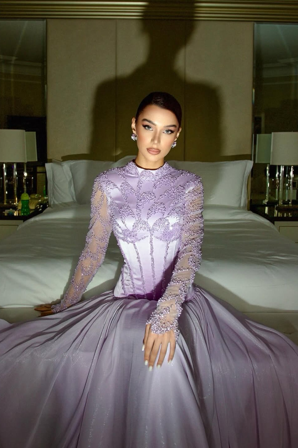 Glamorous Lilac Long Sleeves A-Line Wedding dresses Floor Length With Pleats