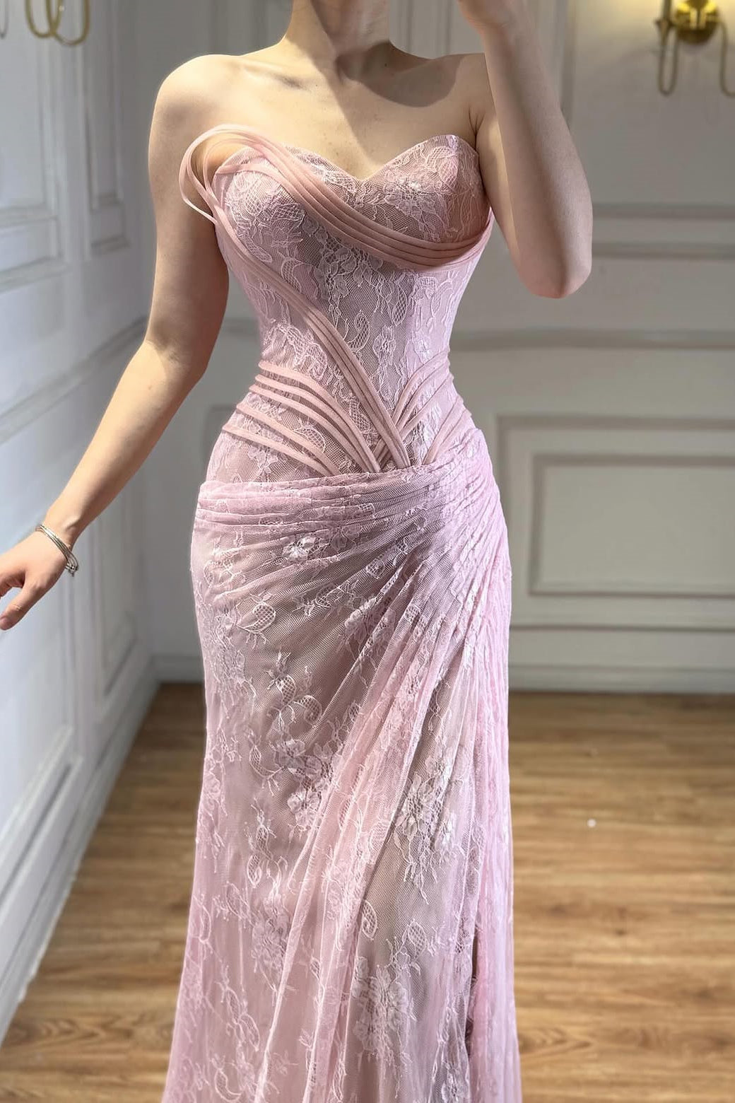 Romantic Sweetheart Strapless Sleeveless Mermaid Lace Wedding dresses High Split With Pleats