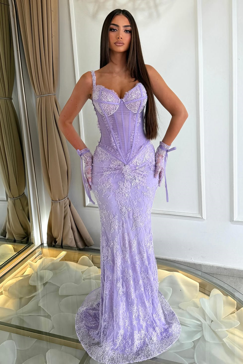 Luxurious Lilac Spaghetti-Straps Sweetheart Sleeveless Lace Prom Dresses Mermaid With Beading