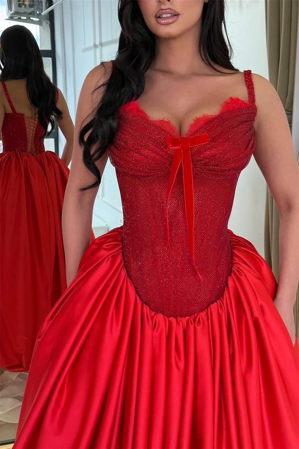 Luxurious Red Sweetheart Spaghetti-Straps Satin Prom Dresses A-Line With Pocket Lace-Up Back