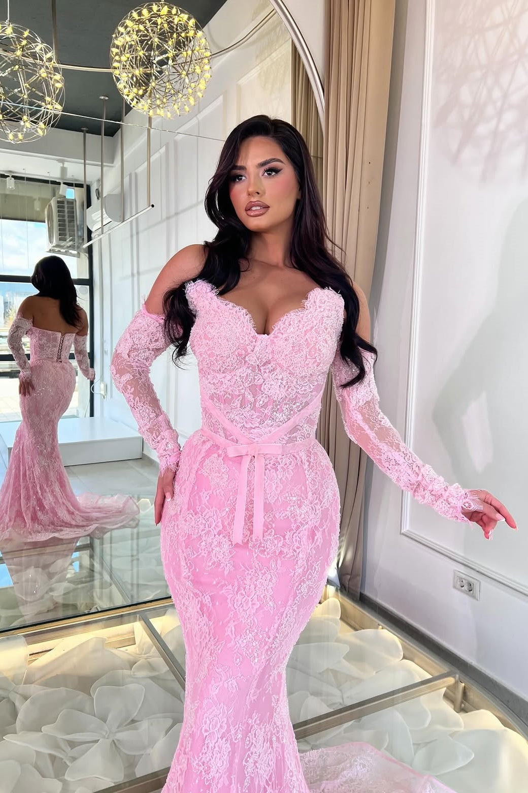 Glamorous Dusty Pink Sweetheart Strapless Sleeveless Lace Mermaid Prom Dresses Sheath With Lace-Up Back