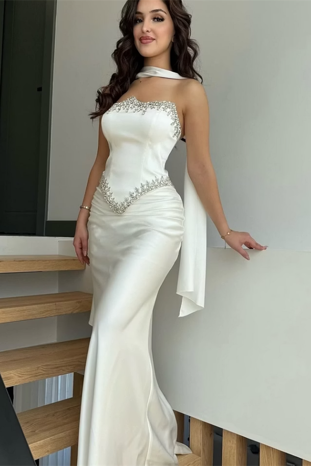 Unique Strapless Sleeveless Satin Mermaid Prom Dresses Sheath Gem With Pleats