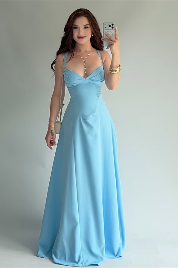 Modern Dusty Blue Sweetheart Spaghetti-Straps Sleeveless Satin Prom Dresses Sheath With Lace-Up Back