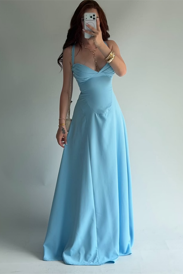 Modern Dusty Blue Sweetheart Spaghetti-Straps Sleeveless Satin Prom Dresses Sheath With Lace-Up Back