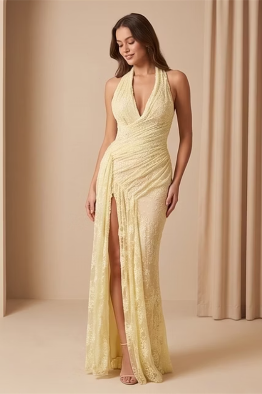 Elegant Daffodil Halter Sleeveless V-Neck Mermaid Prom Dresses Side Split With Pleats
