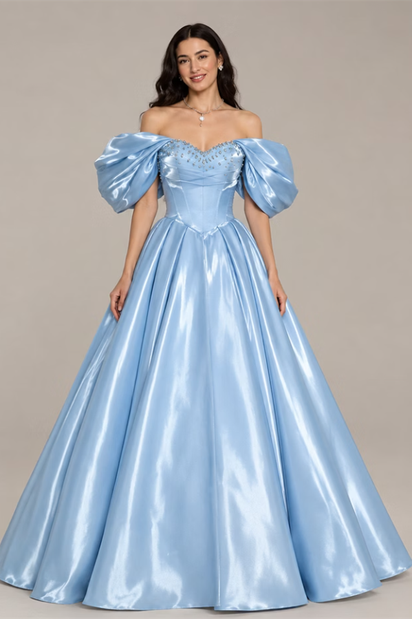 Luxurious Sky Blue Off The Shoulder Satin A-Line Prom Dresses Floor Length With Lace-Up Back