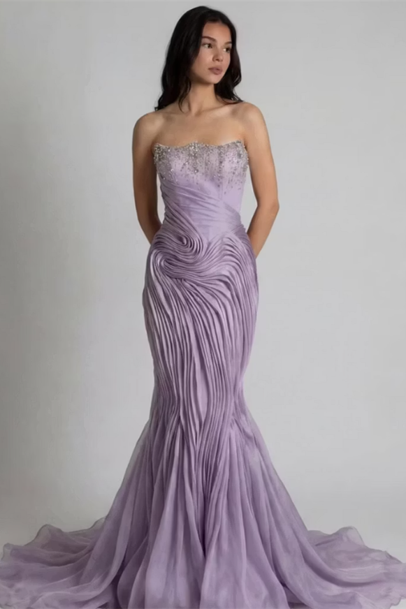 Modern Lilac Strapless Sleeveless Mermaid Prom Dresses Gem Sheath With Zipper Pleats