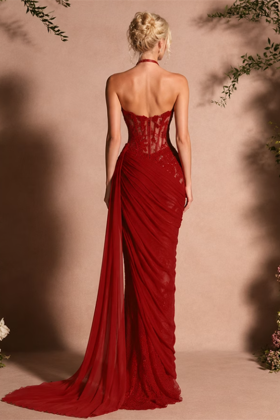 Unique Burgundy Sweetheart Strapless Sleeveless Chiffon Lace Prom Dresses Mermaid With Zipper