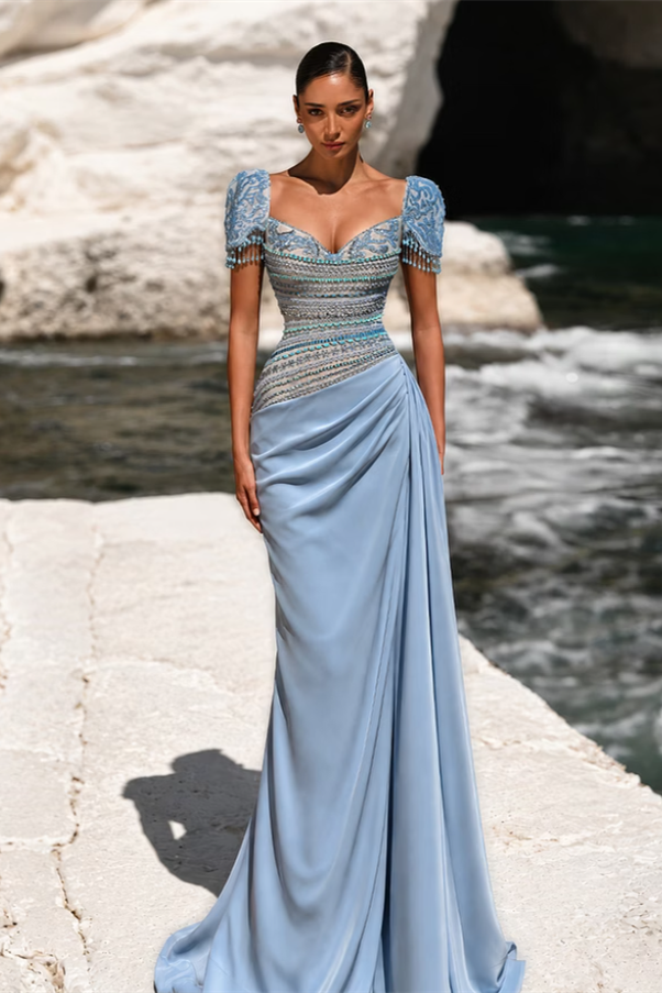 Elegant Dusty Blue Short Sleeves Mermaid Satin Prom Dresses Beading With Pleats