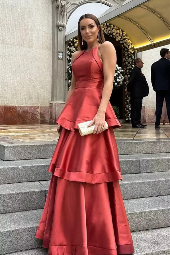 Chic Red Halter Sleeveless Satin Prom Dresses Floor Length With Pleats