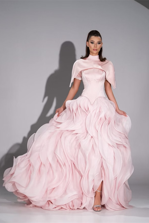 Luxurious Pink High Collar Prom Dresses Floor Length With Pleats