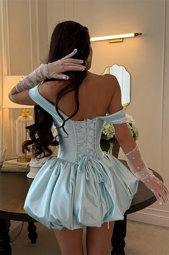 Chic Dusty Blue Off The Shoulder Sweetheart Satin Homecoming Dresses Mini With Lace-Up Back