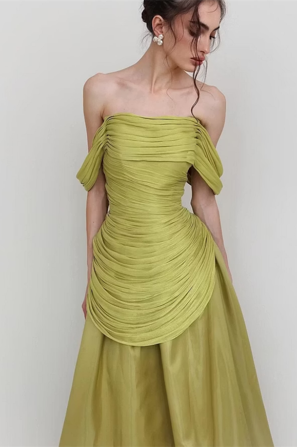 Modern Sage Off The Shoulder Prom Dresses Floor Length With Pleats