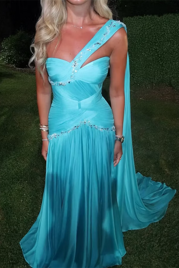 Timeless Blue Sweetheart Sleeveless Chiffon Prom Dresses Gem Floor Length With Zipper Pleats