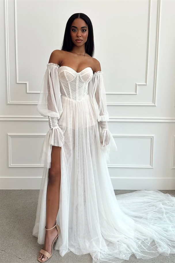 Pretty Sweetheart Strapless Prom Dresses Side Split With Detachable Sleeves Pleats