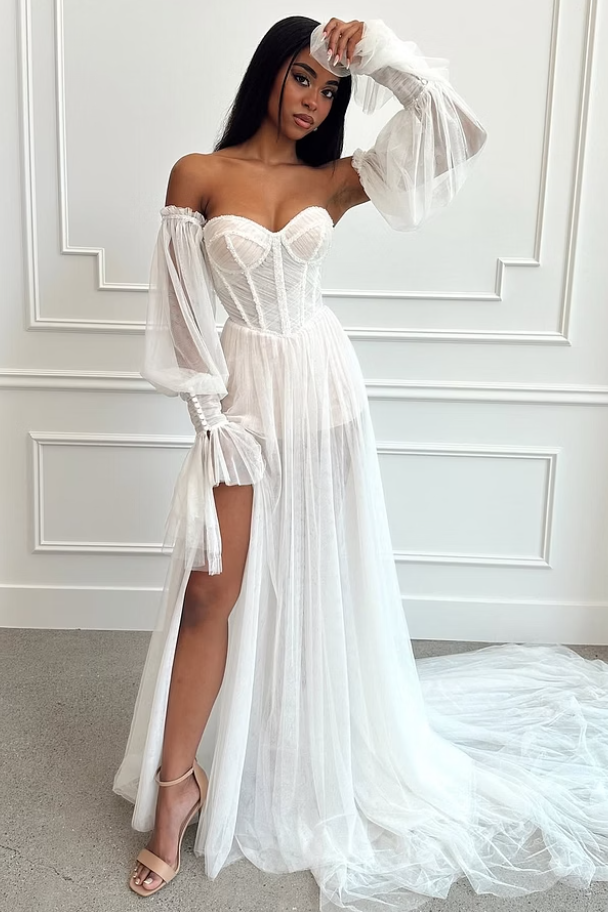 Pretty Sweetheart Strapless Prom Dresses Side Split With Detachable Sleeves Pleats