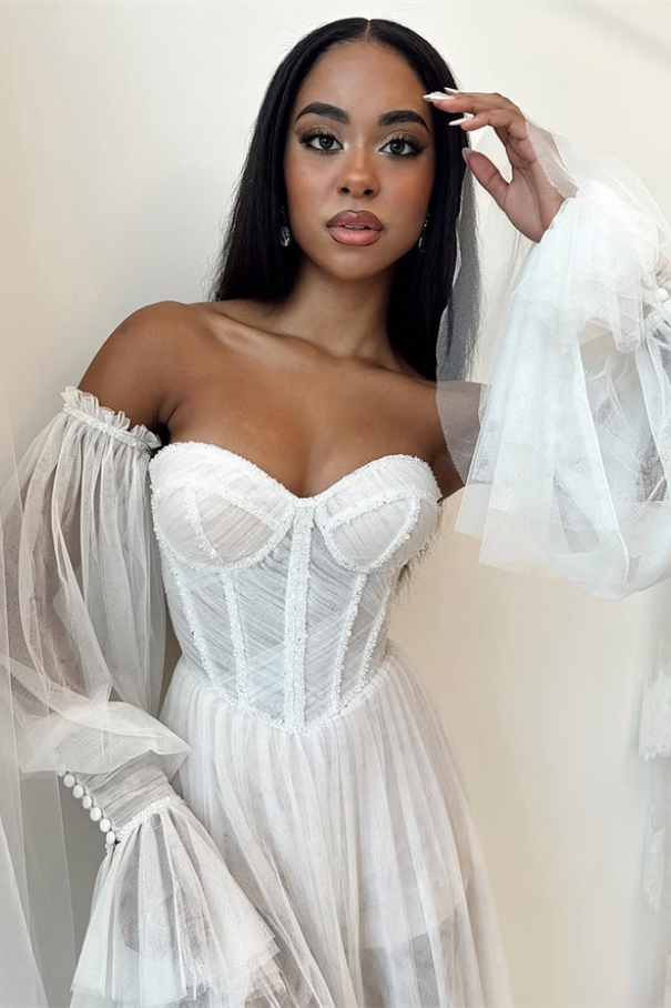 Pretty Sweetheart Strapless Prom Dresses Side Split With Detachable Sleeves Pleats