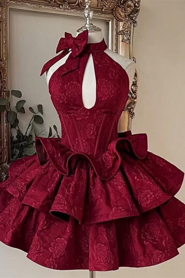 Beautiful Burgundy Halter Sleeveless Homecoming Dresses Mini With Lace-Up Back