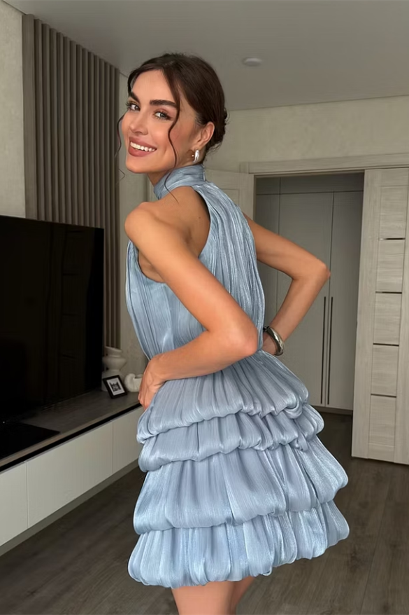Modern Dusty Blue Halter Sleeveless Homecoming Dresses Mini With Pleats
