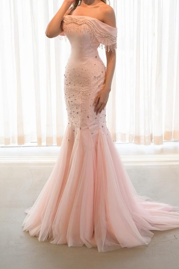 Unique Pink Off The Shoulder Mermaid Satin Tulle Prom Dresses Column Beading With Pleats