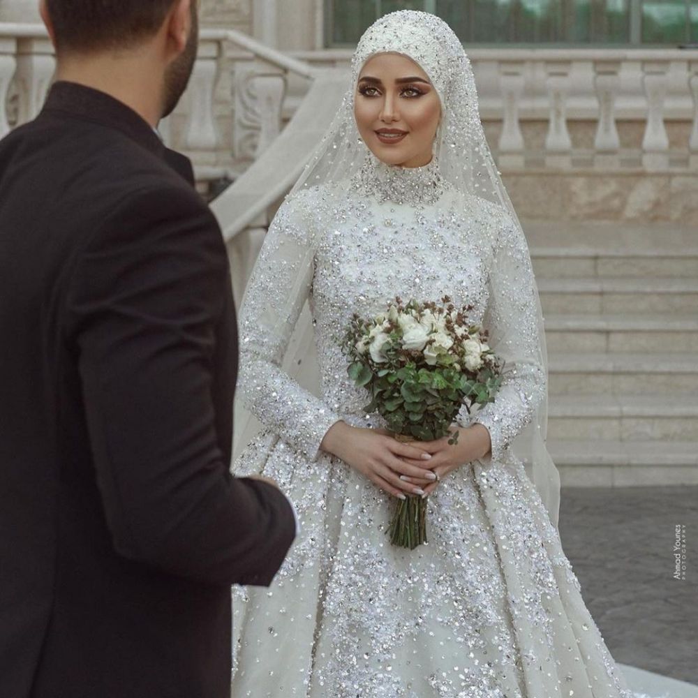 A line Ball Gown Sequins Long Sleeves Highneck Wedding Gown-showprettydress