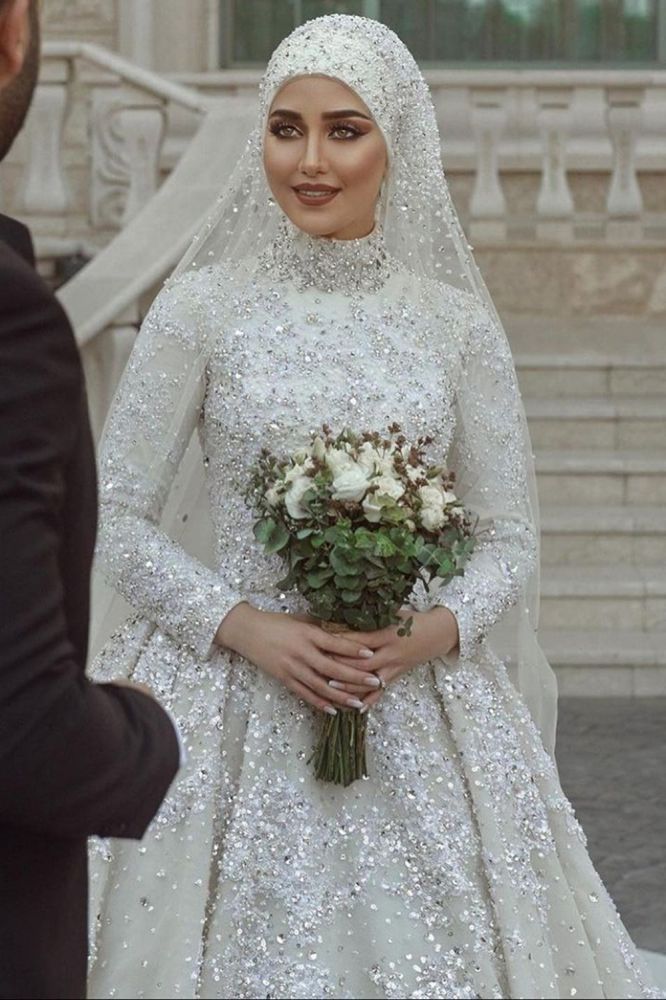 A line Ball Gown Sequins Long Sleeves Highneck Wedding Gown-showprettydress