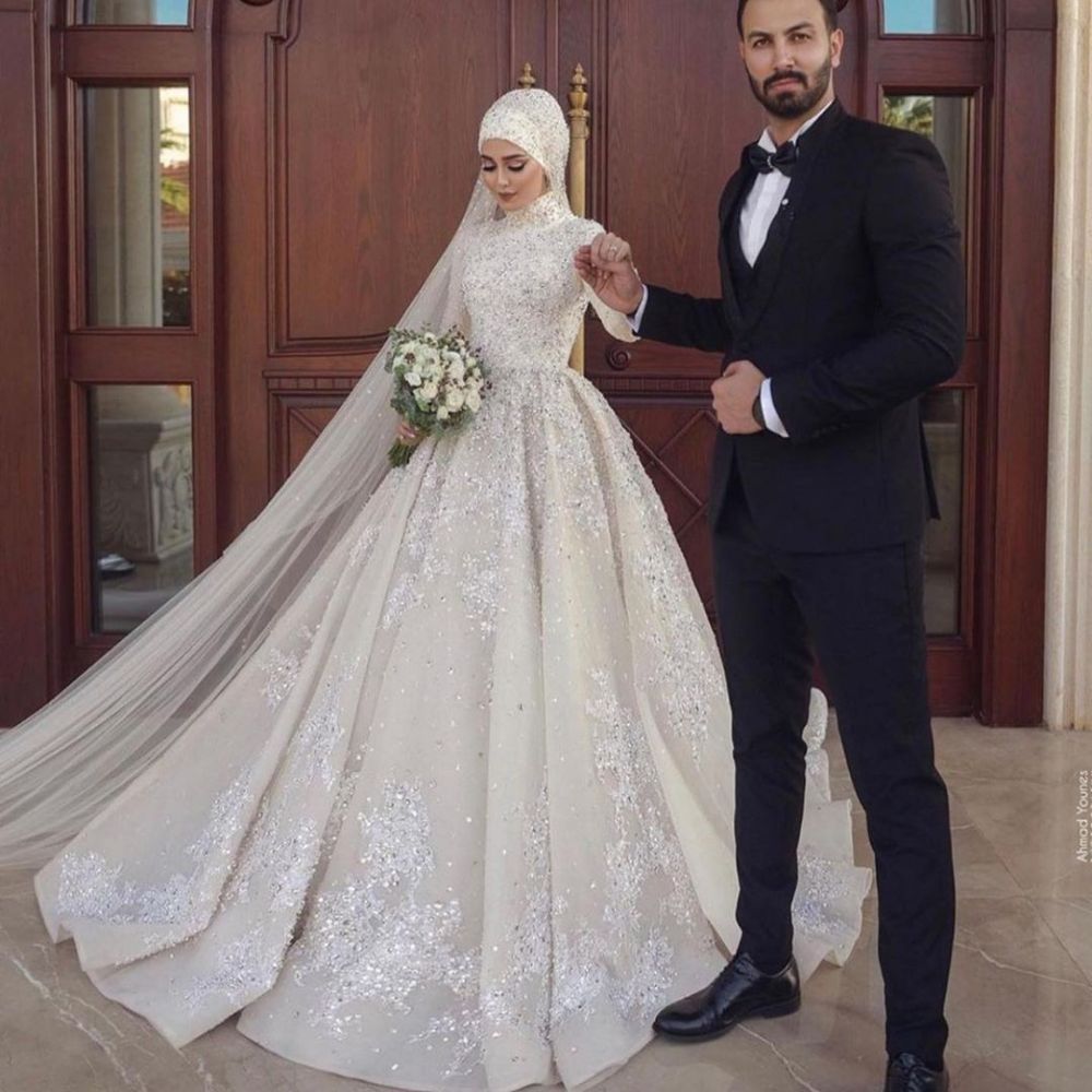 A line Ball Gown Sequins Long Sleeves Highneck Wedding Gown-showprettydress