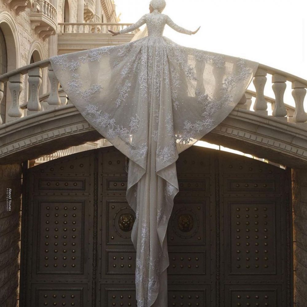 A line Ball Gown Sequins Long Sleeves Highneck Wedding Gown-showprettydress