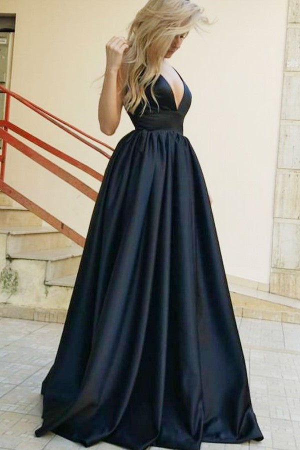 A-line Deep V-neck Wide Strap Backless Floor Length Matte Satin Evening Dress-showprettydress