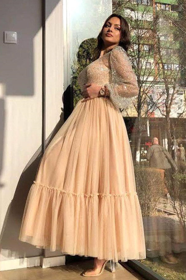 A-line Jewel Ankle Length Multiple Layers Long Sleeve Sequins Prom Dresses-Showprettydress