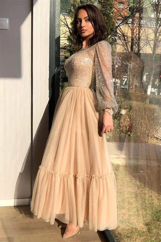 A-line Jewel Ankle Length Multiple Layers Long Sleeve Sequins Prom Dresses-Showprettydress