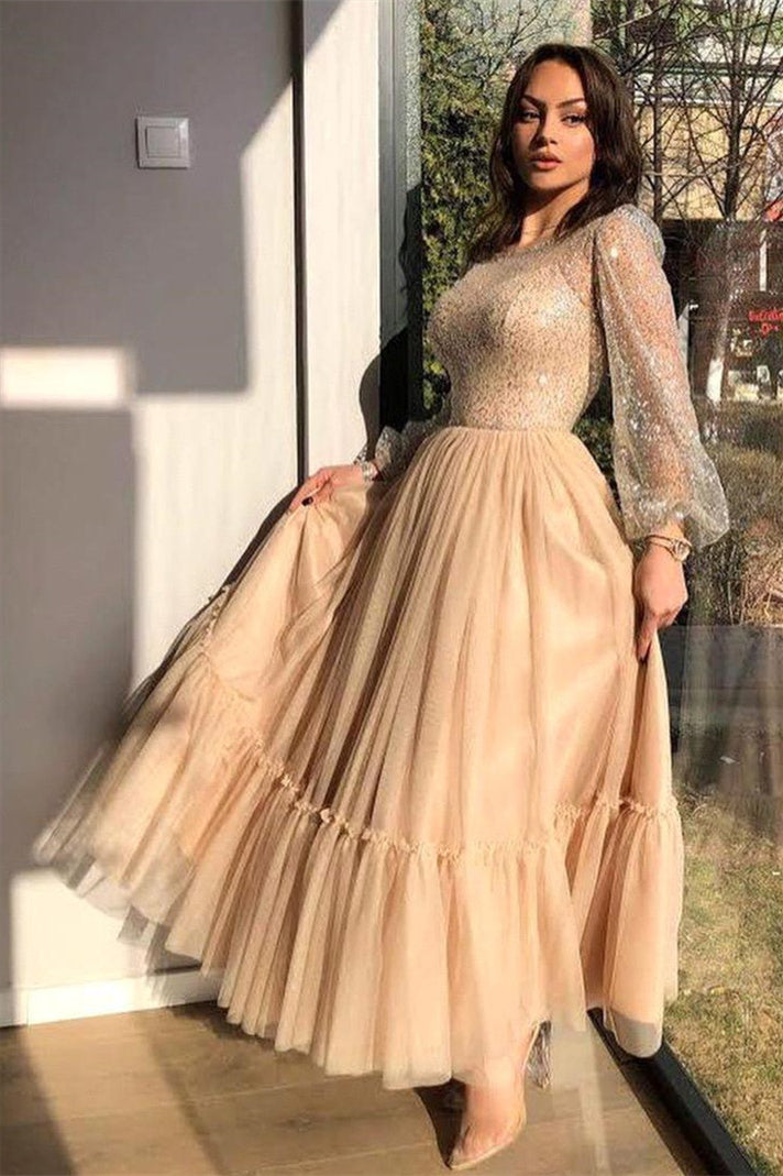 A-line Jewel Ankle Length Multiple Layers Long Sleeve Sequins Prom Dresses-Showprettydress