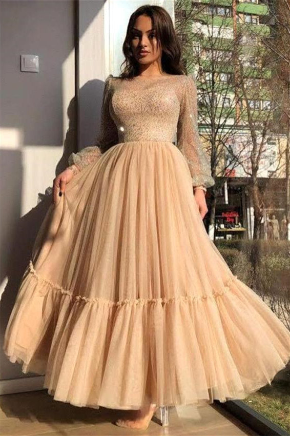A-line Jewel Ankle Length Multiple Layers Long Sleeve Sequins Prom Dresses-Showprettydress
