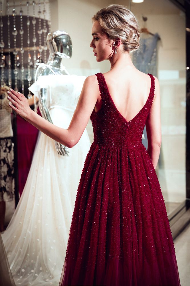 A-line Long V-neck Sleeveless Burgundy Sequins Tulle Evening Dresses-showprettydress