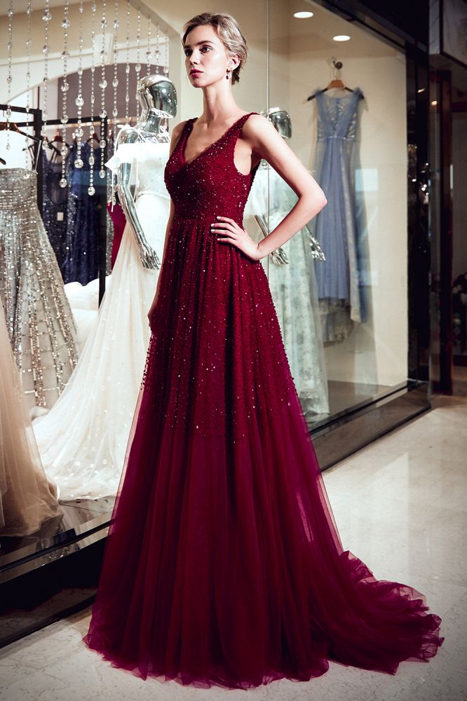 A-line Long V-neck Sleeveless Burgundy Sequins Tulle Evening Dresses-showprettydress