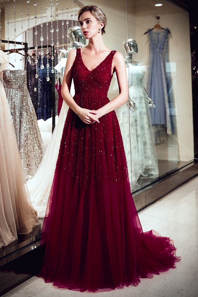 A-line Long V-neck Sleeveless Burgundy Sequins Tulle Evening Dresses-showprettydress