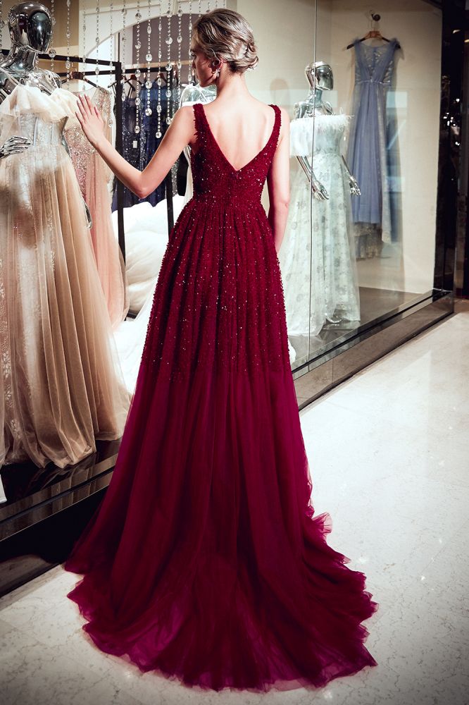 A-line Long V-neck Sleeveless Burgundy Sequins Tulle Evening Dresses-showprettydress