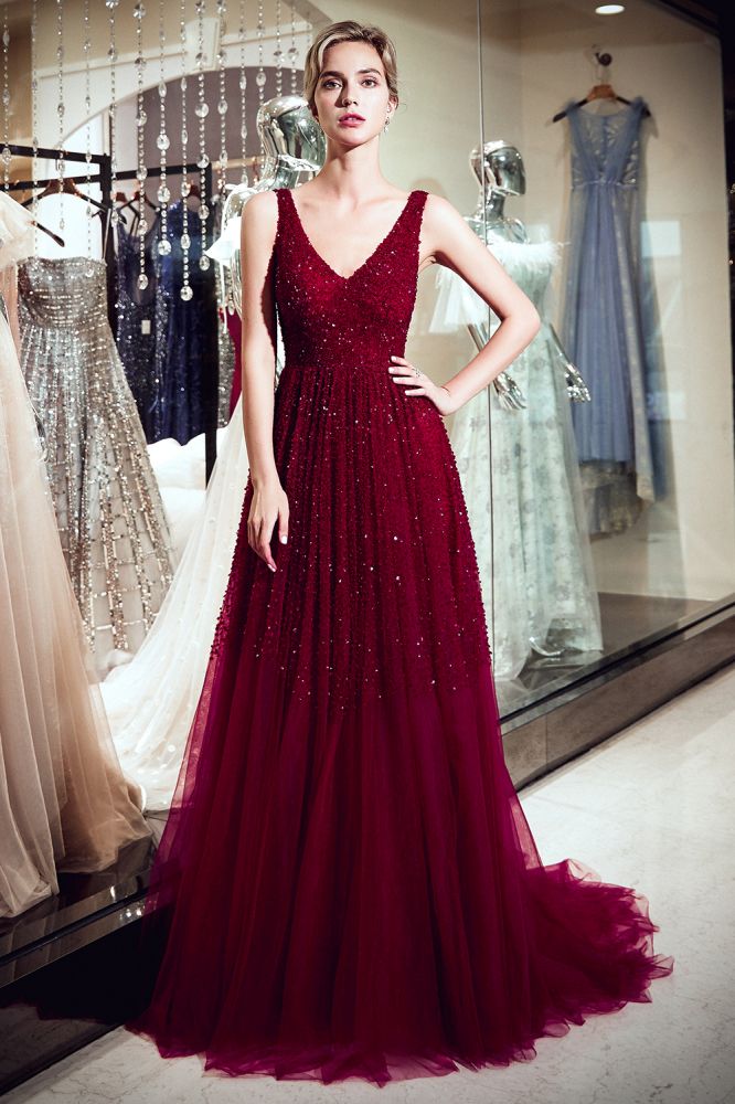 A-line Long V-neck Sleeveless Burgundy Sequins Tulle Evening Dresses-showprettydress