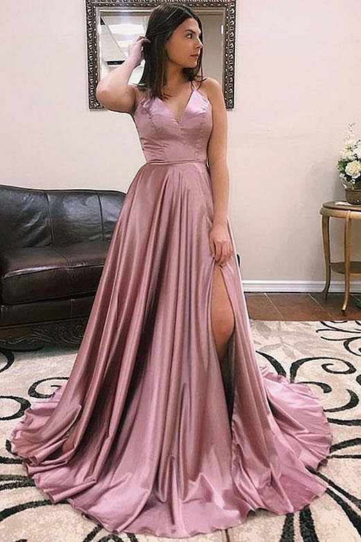 A-line V-neck Sleeveless Front Slit Long Prom Dresses-showprettydress