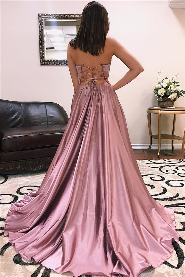 A-line V-neck Sleeveless Front Slit Long Prom Dresses-showprettydress