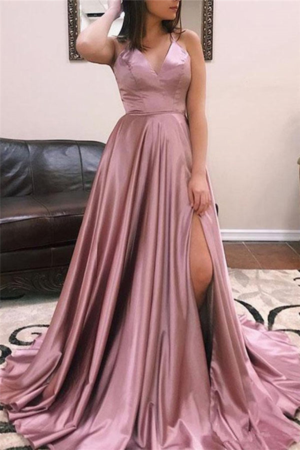 A-line V-neck Sleeveless Front Slit Long Prom Dresses-showprettydress
