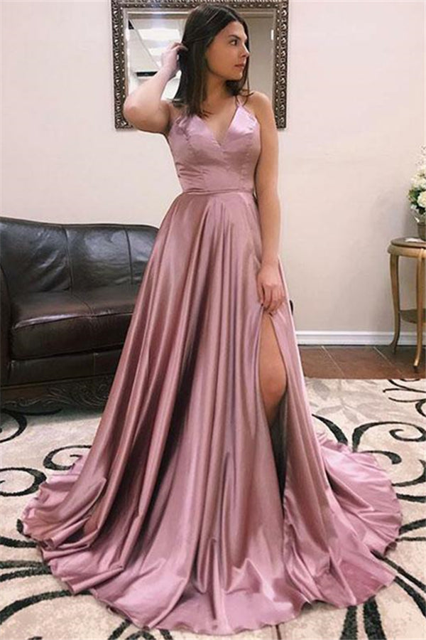 A-line V-neck Sleeveless Front Slit Long Prom Dresses-showprettydress