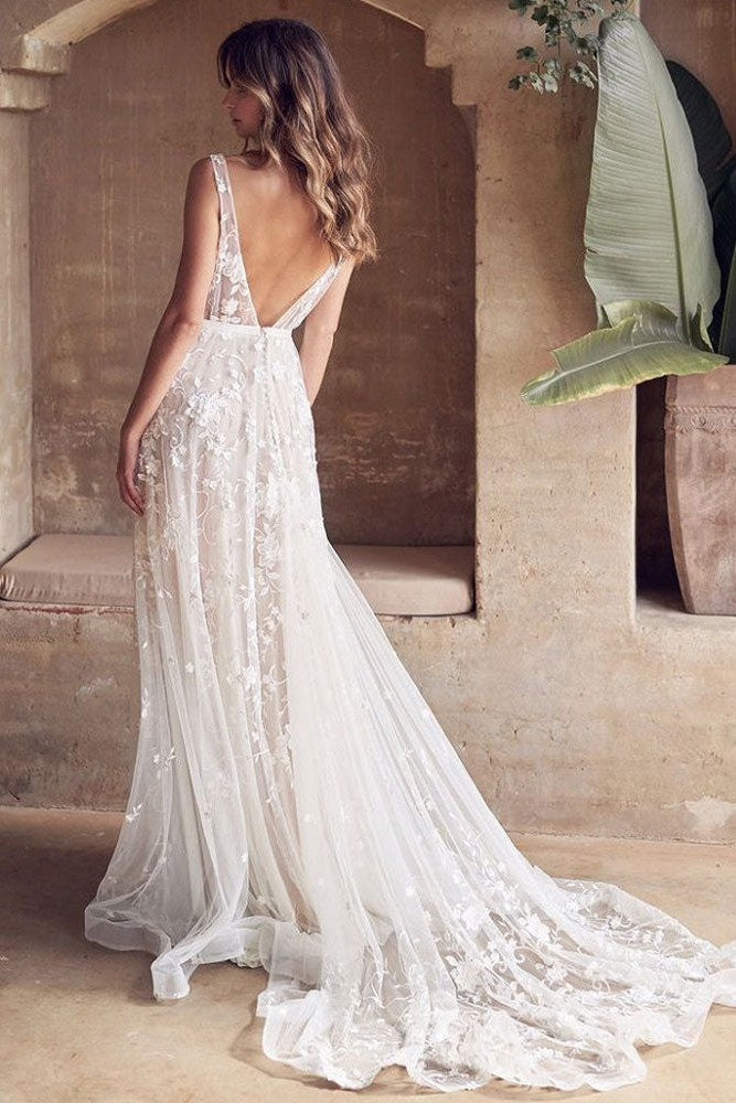 A-line Wedding Dress Sleeveless Lace Chic V-Neck Bridal Gowns With Train-Showprettydress